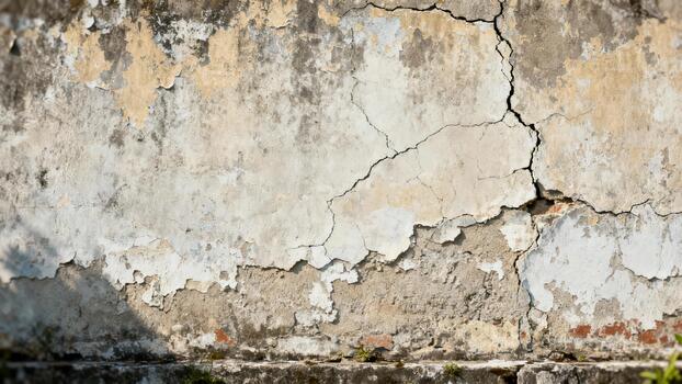 Weathered building facade displays extensive surface decay and deep fissures photo