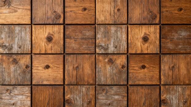 intrincadamente organizado, cuadrado piezas de afligido madera crear un rústico fondo textura foto