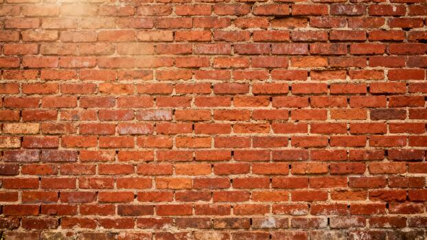 Weathered red brick wall surface displays rough texture under bright sunlight. photo