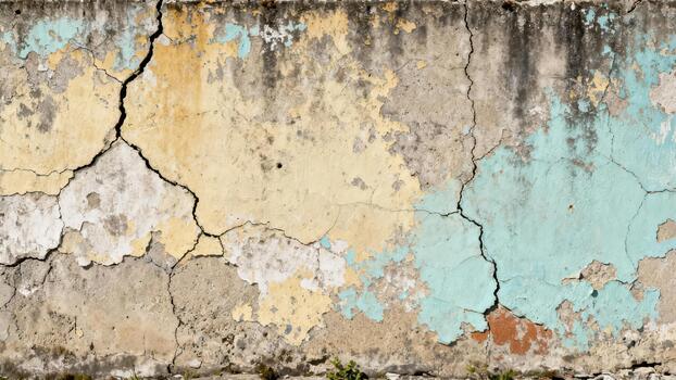 Weathered exterior surface displays peeling paint and prominent structural cracks photo
