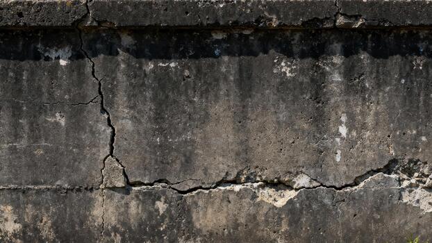 Weathered concrete barrier displays significant vertical and horizontal structural fissures photo
