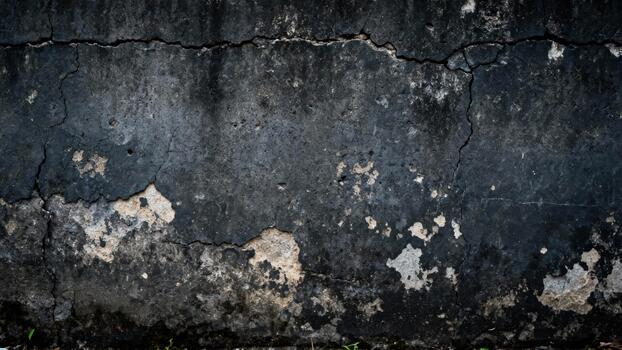 Dark weathered concrete surface displays significant cracks and distressed paint texture photo
