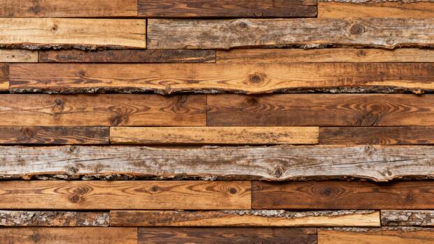 Rustic stacked wooden planks display varying shades of brown with natural uneven edges creating an organic backdrop photo