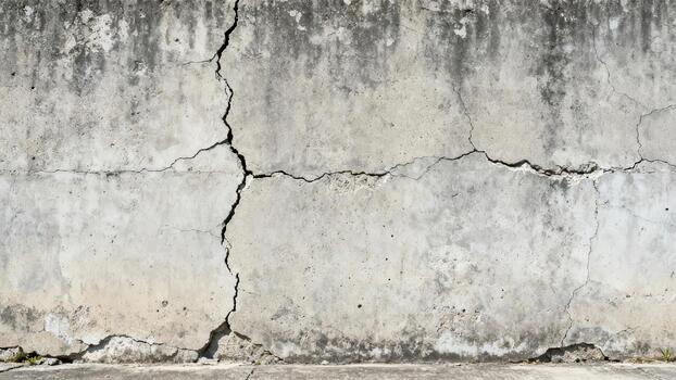 Weathered concrete surface displays significant structural fissures and discoloration photo