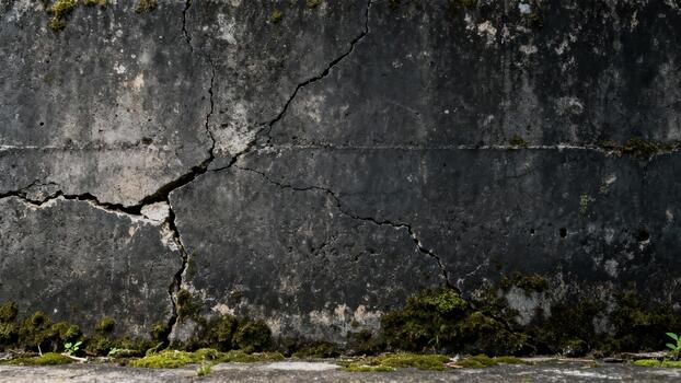 Rough gray concrete barrier displays significant vertical fractures and green moss growth along the base photo