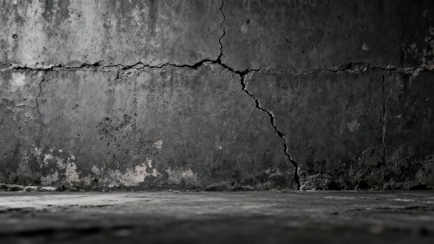 Dark, distressed concrete wall and floor meeting at a low angle perspective creating a somber room background photo