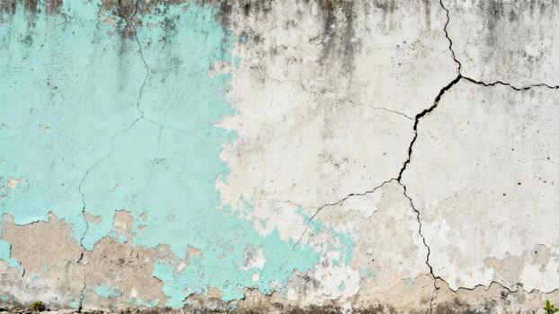 Weathered concrete surface displays peeling aqua paint and deep structural fissures photo