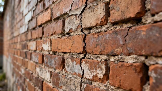 Deteriorated surface texture of an old clay brick wall shows noticeable structural damage photo