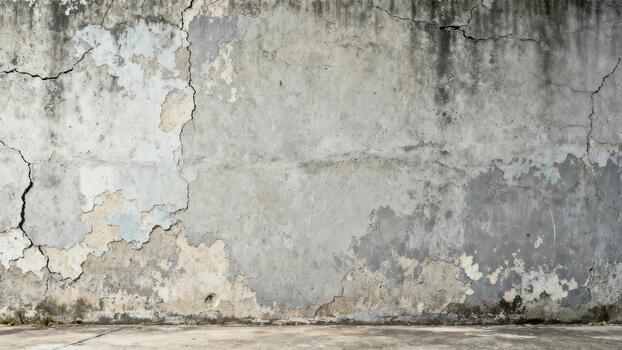 Weathered gray concrete surface exhibits significant peeling paint and deep structural fissures photo
