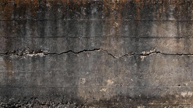 Weathered concrete structure exhibits a prominent horizontal fissure and dark staining photo