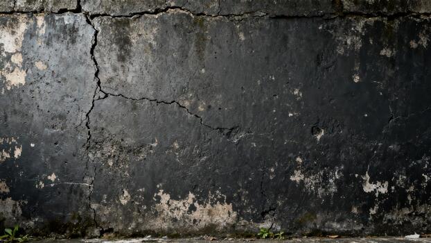 Dark weathered concrete surface shows significant vertical fissure and peeling paint texture photo