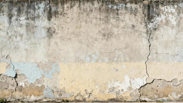 Weathered plaster surface displays peeling paint, extensive cracking, and discoloration over time photo