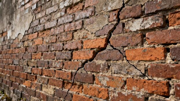 Weathered brick wall displays significant vertical fissure and crumbling plaster surface photo
