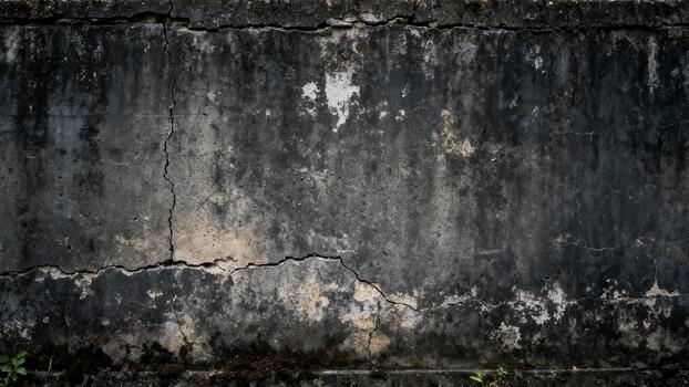 Heavily weathered and stained concrete surface displays pronounced vertical and horizontal structural fissures photo