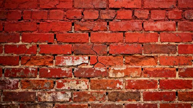 Weathered deep red brick wall exhibits significant texture and visible deterioration photo