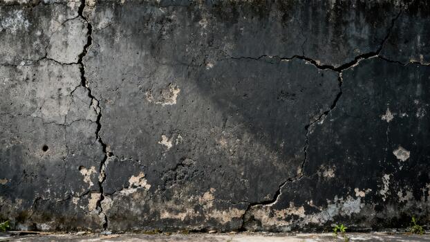 Dark textured concrete wall displays significant surface cracking and material degradation. photo