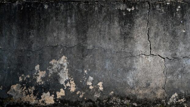 Weathered concrete surface displays dark discoloration and prominent structural fractures photo