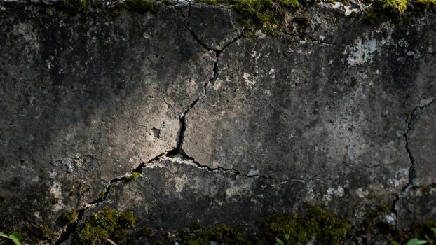 Deeply fractured and weathered concrete surface texture displays dark coloration and patches of green moss growth. photo