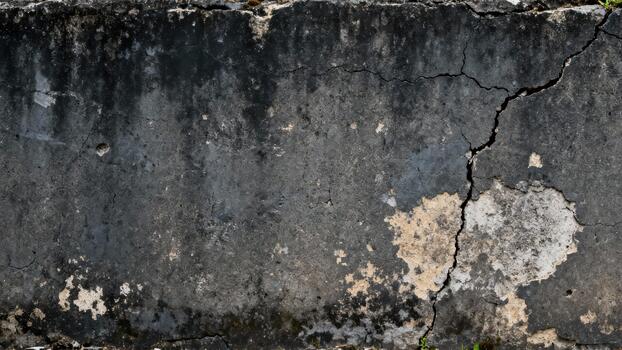 Dark weathered concrete surface displays prominent cracks and areas of paint or plaster loss photo