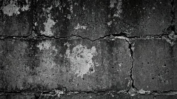 Aged concrete block surface displays significant weathering and structural fissures photo