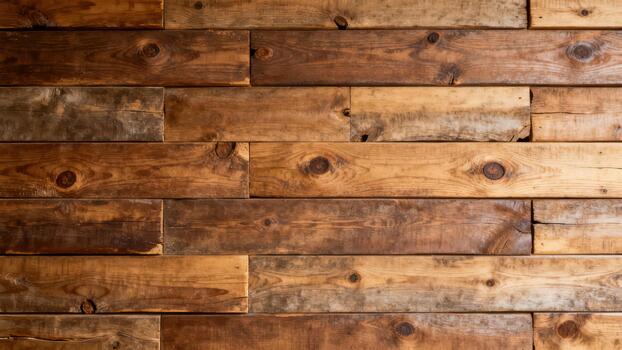 Horizontal arrangement of reclaimed wooden planks displays rich, variable grain patterns and knots photo