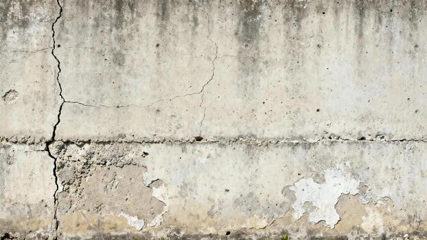 Weathered concrete surface displays significant vertical fractures and peeling material photo