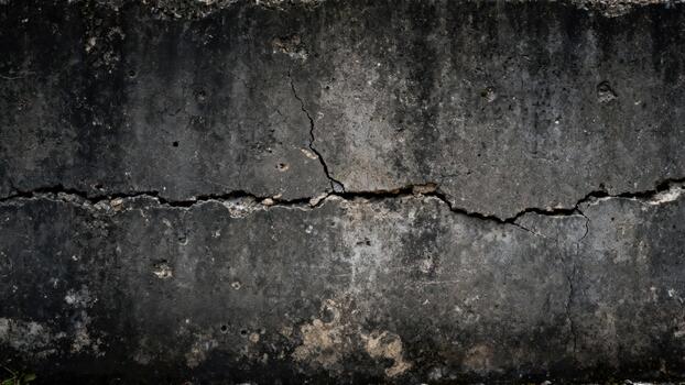 Weathered concrete surface displays a prominent horizontal fissure running across its dark texture photo
