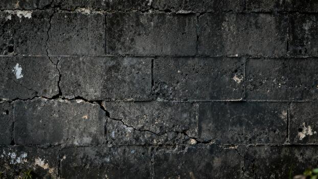 Dark weathered concrete block wall displays significant surface decay and fissures photo