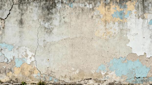 Weathered concrete surface displays peeling paint and prominent vertical cracks photo