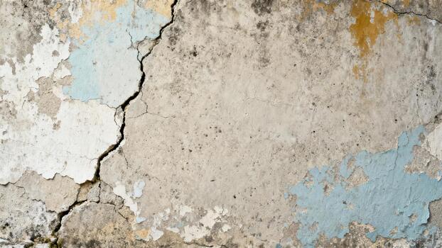 Weathered stucco surface displays significant structural crack and peeling paint patches photo