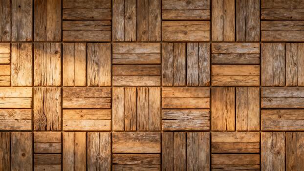 Aged wooden planks form a visually rich, repeating geometric pattern illuminated by warm directional light. photo