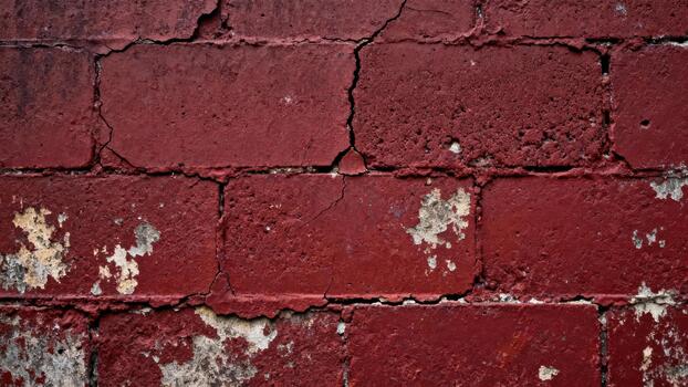 Deep maroon painted masonry exhibits significant aging with cracks and peeling texture photo