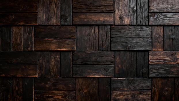 Dark textured wooden blocks create a rustic geometric wall panel background photo