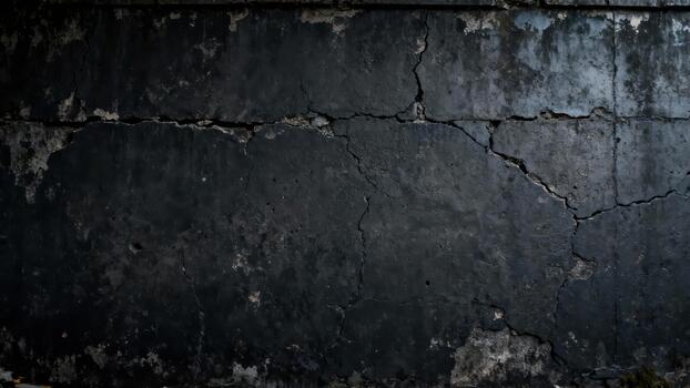 Deeply textured, dark gray concrete surface displays significant structural damage and weathering. photo