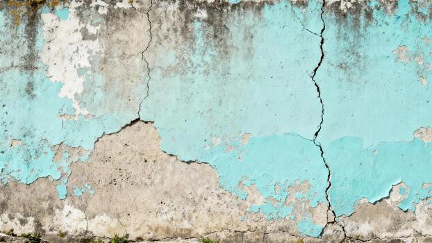 Weathered concrete structure displays peeling turquoise paint and prominent vertical fissures photo