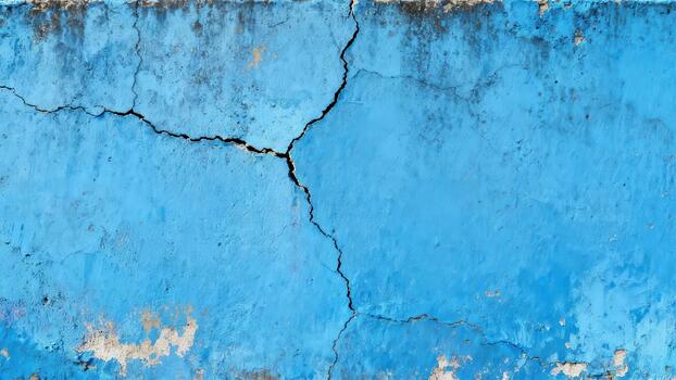 Weathered bright blue painted surface shows deep structural fractures and deterioration photo
