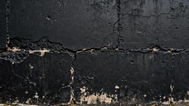 Weathered concrete structure displays extensive dark surface damage and deep fissure lines photo