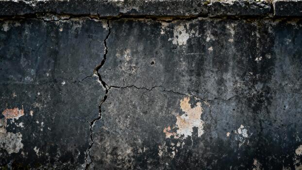 Dark, weathered concrete surface displays prominent vertical and horizontal fissures across its facade photo