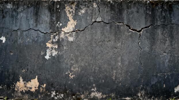 Weathered concrete surface displays prominent structural fractures and peeling discoloration. photo