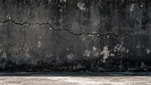 Aged concrete wall displays significant horizontal fissure above a weathered ground surface photo