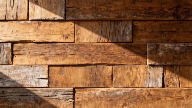 Reclaimed rough timber planks form a rustic textured background illuminated by natural light. photo