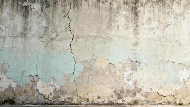 Weathered plaster surface displays significant cracks and peeling pale color patches photo