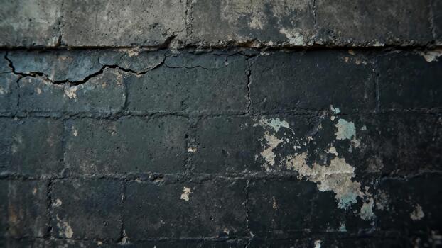 Grungy, dark painted brick structure displays significant surface decay and visible structural cracking. photo