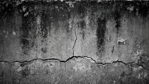 Dark aged concrete surface displays significant structural damage and decay photo