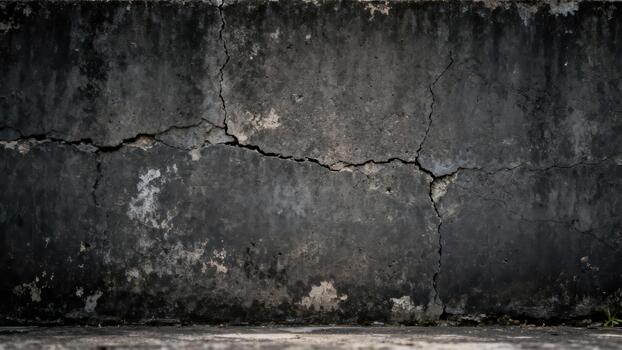 Heavily textured dark gray concrete surface displays a significant horizontal fracture line. photo