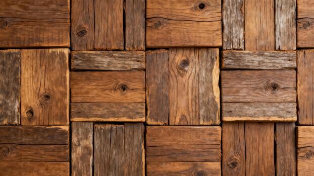 Textured arrangement of reclaimed wood blocks creates a rustic surface pattern photo