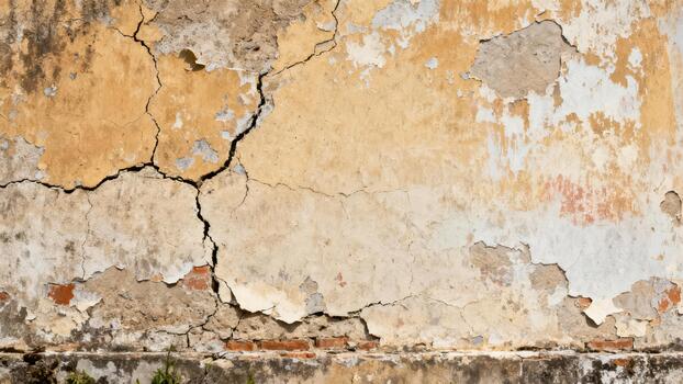 Weathered facade plaster shows significant deterioration and structural fissures photo
