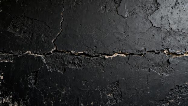 Deep fissure runs horizontally across a textured, dark surface displaying distress and age photo