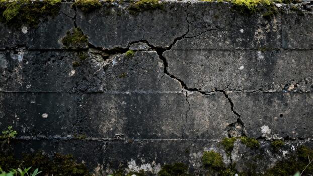 Weathered concrete structure displays deep vertical fissures and patches of green organic growth. photo