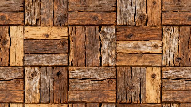 Weathered wooden railway sleepers form a rustic tiled background pattern. photo